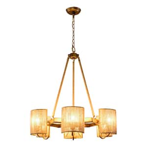 Bohemian 28.7 in. 6-Light Gold Hemp Rope Wagon Wheel Chandelier for Dining Room