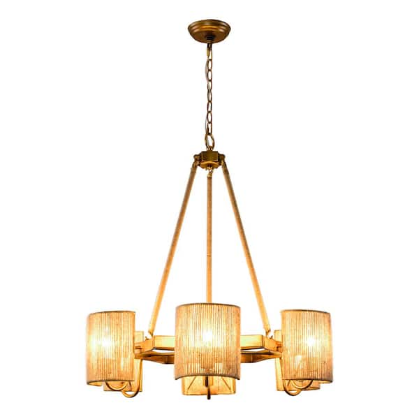 Flint Garden Bohemian 28.7 in. 6-Light Gold Hemp Rope Wagon Wheel Chandelier for Dining Room