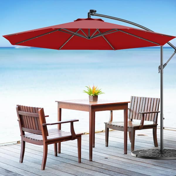 Costway 10 ft. Steel Marke Solar LED Umbrella Patio Umbrella in Burgundy