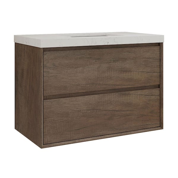 Aeroline 36in. W x 19.29in. D x 25.59in. H Single Sink Float Antique Oak Bath Vanity with Sar White Engineered Stone Top