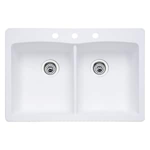 Diamond Dual-Mount Granite 33 in. 3-Hole 50/50 Double Bowl Kitchen Sink in White