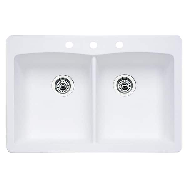 Blanco Diamond Dual-Mount Granite 33 in. 3-Hole 50/50 Double Bowl Kitchen Sink in White