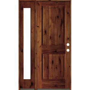 44 in. x 80 in. Rustic Knotty Alder Left-Hand/Inswing Clear Glass Red Chestnut Stain Wood Prehung Front Door w/Sidelite