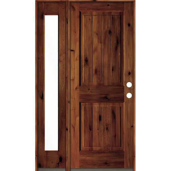 Krosswood Doors 44 in. x 80 in. Rustic Knotty Alder Left-Hand/Inswing Clear Glass Red Chestnut Stain Wood Prehung Front Door w/Sidelite
