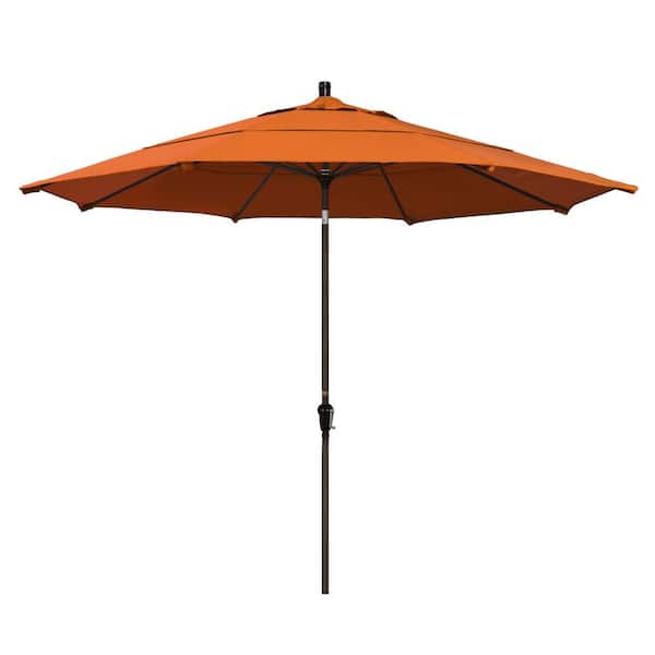 California Umbrella 11 ft. Bronze Aluminum Pole Market Aluminum Ribs Auto Tilt Crank Lift Outdoor Patio Umbrella in Tuscan Sunbrella