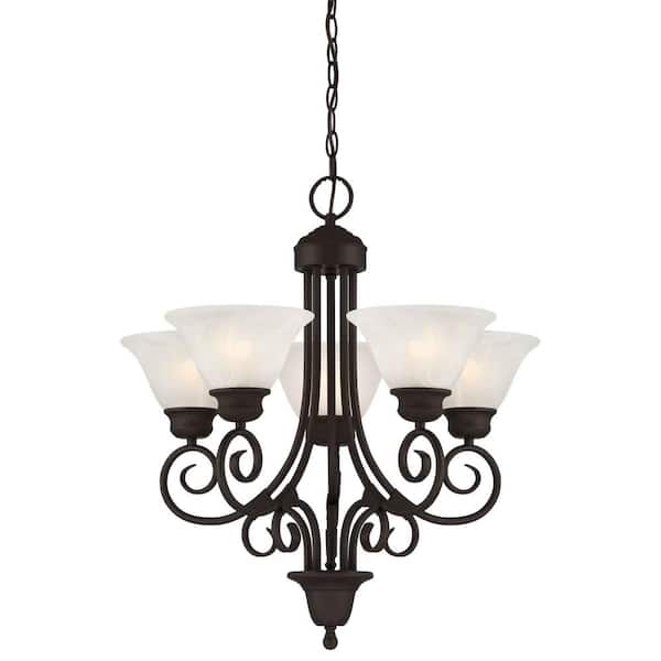 Troy 5-Light Antique Bronze Interior Chandelier with Alabaster Glass Bell Shades
