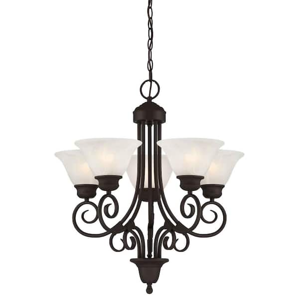 Volume Lighting Troy 5-Light Antique Bronze Interior Chandelier with Alabaster Glass Bell Shades