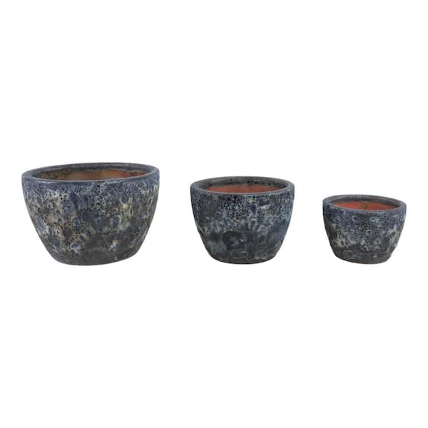 8 in. 11 in. and 15 in. Blue Ceramic Round Lava Decorative Pots (Set of 3)