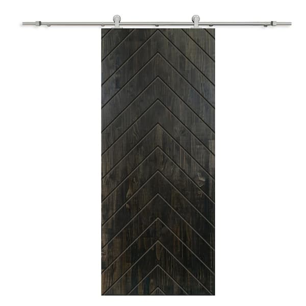 CALHOME Herringbone 30 in. x 96 in. Fully Assembled Charcoal Black Stained Wood Modern Sliding Barn Door with Hardware Kit