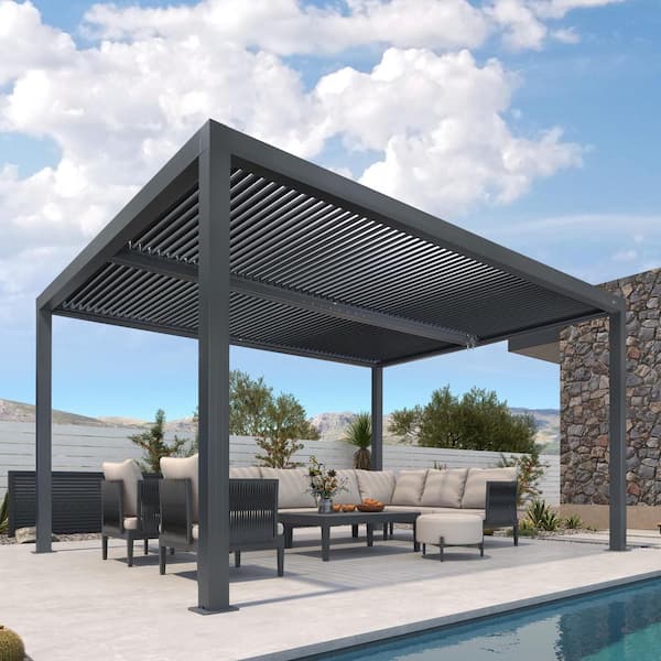PURPLE LEAF 11 ft. x 14 ft. Gray Aluminum Frame Outdoor Hardtop Louvered Pergola with Adjustable Sunshade Roof and In-Built Gutter