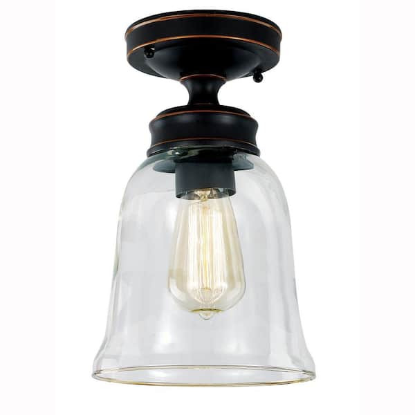 Hampton Bay Matilda 1-Light Oil Rubbed Bronze Vintage Bulb Semi-Flush Mount Kitchen Ceiling Light with Bell Shaped Clear Glass Shade