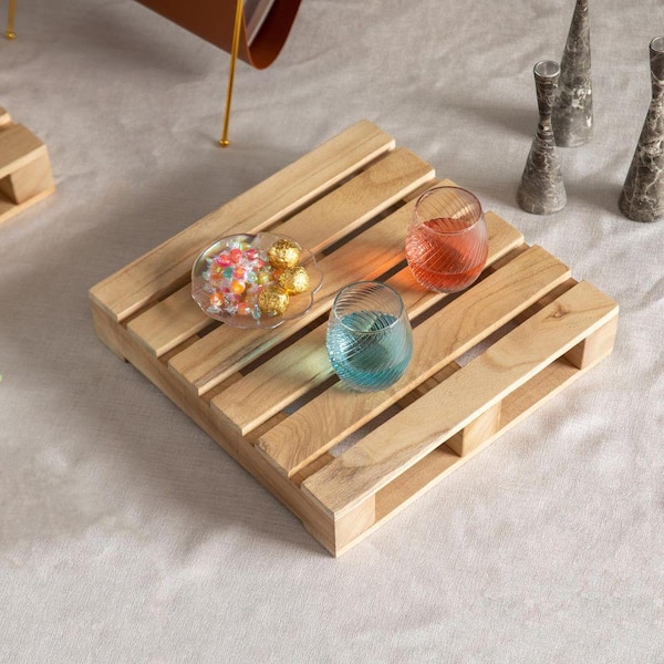 15 in. Set of 2 Rustic Wooden Pallet Display Stands Natural Wood Risers for Home Decor, Centerpiece, Candle, Beige