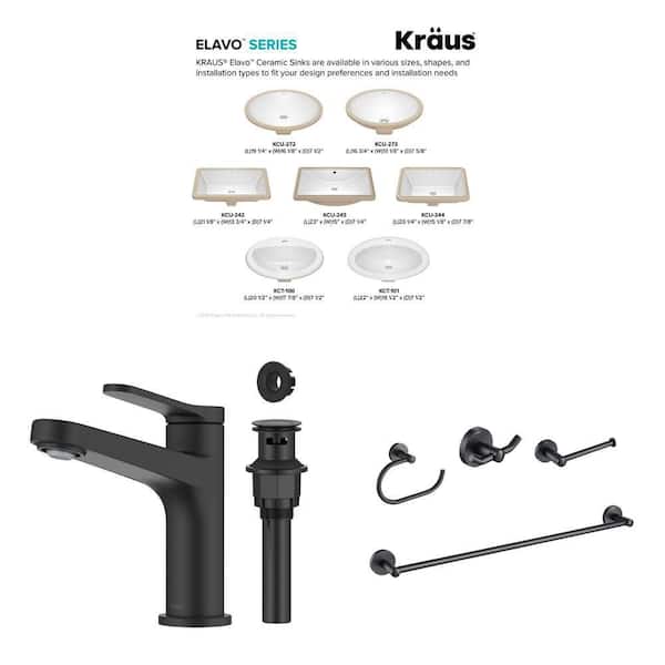 Elavo 16.8 in. Oval Sink, Indy Matte Black Faucet with Pop Up Drain, and Elie 4-Piece Hardware Set Combo