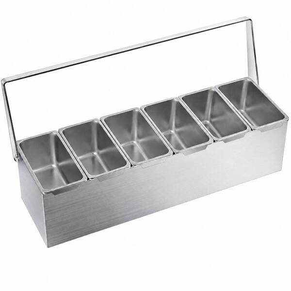 6 Slot Silver Stainless Steel Condiment Server Set with 20 oz. Compartment, 4 Ice Packs