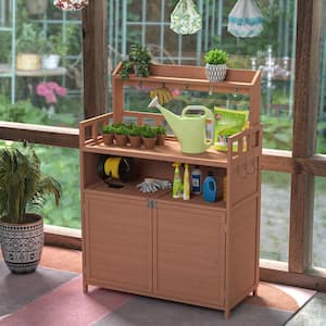 Outdoor Patio Brown Solid Fir Made Garden Planting Workbench with Storage Cabinet and Shelves