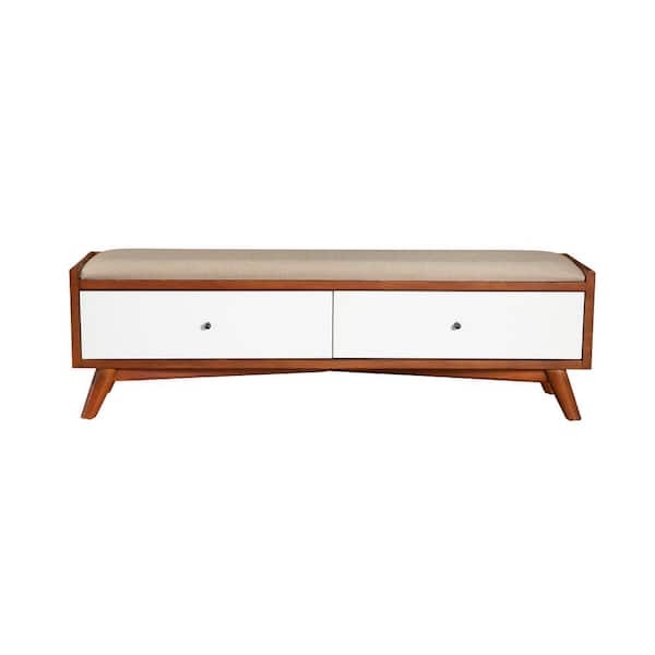 Alpine Furniture Flynn Acorn and White 59 in. W Bedroom Bench with Cushioned, Solid Wood