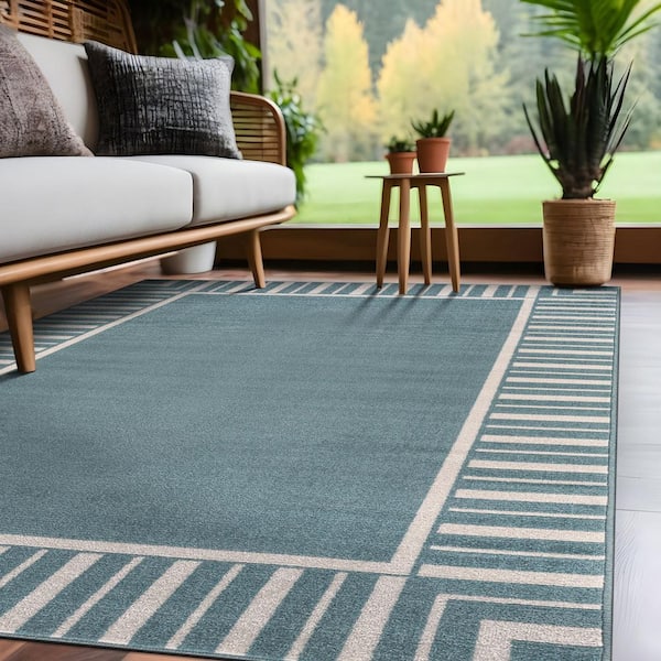 Edge Teal 6 ft. x 9 ft. Rubber Back Washable Geometric Border Indoor Outdoor Patio Area Rug