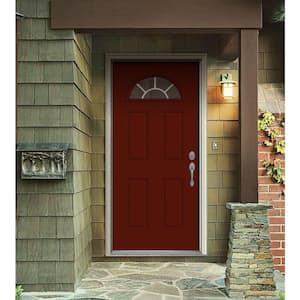32 in. x 80 in. Fan Lite Mesa Red Painted Steel Prehung Left-Hand Inswing Front Door w/Brickmould