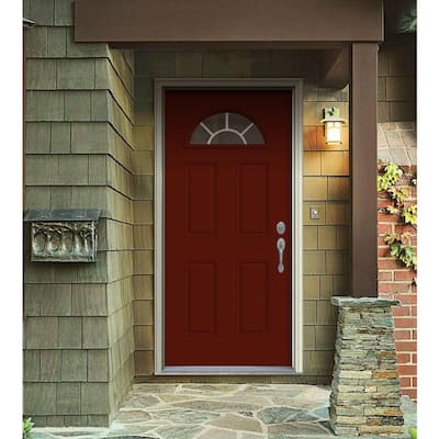36 in. x 80 in. Fan Lite Mesa Red Painted Steel Prehung Left-Hand Inswing Front Door w/Brickmould