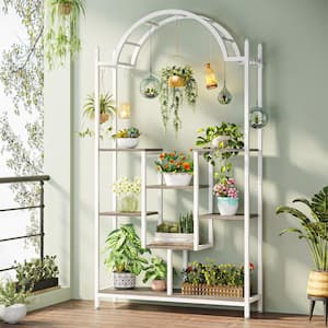 Wellston 74.8 in. White and Gray 5-Tier Indoor Plant Stand Flower Rack with Side Hanging Hooks and S-hooks