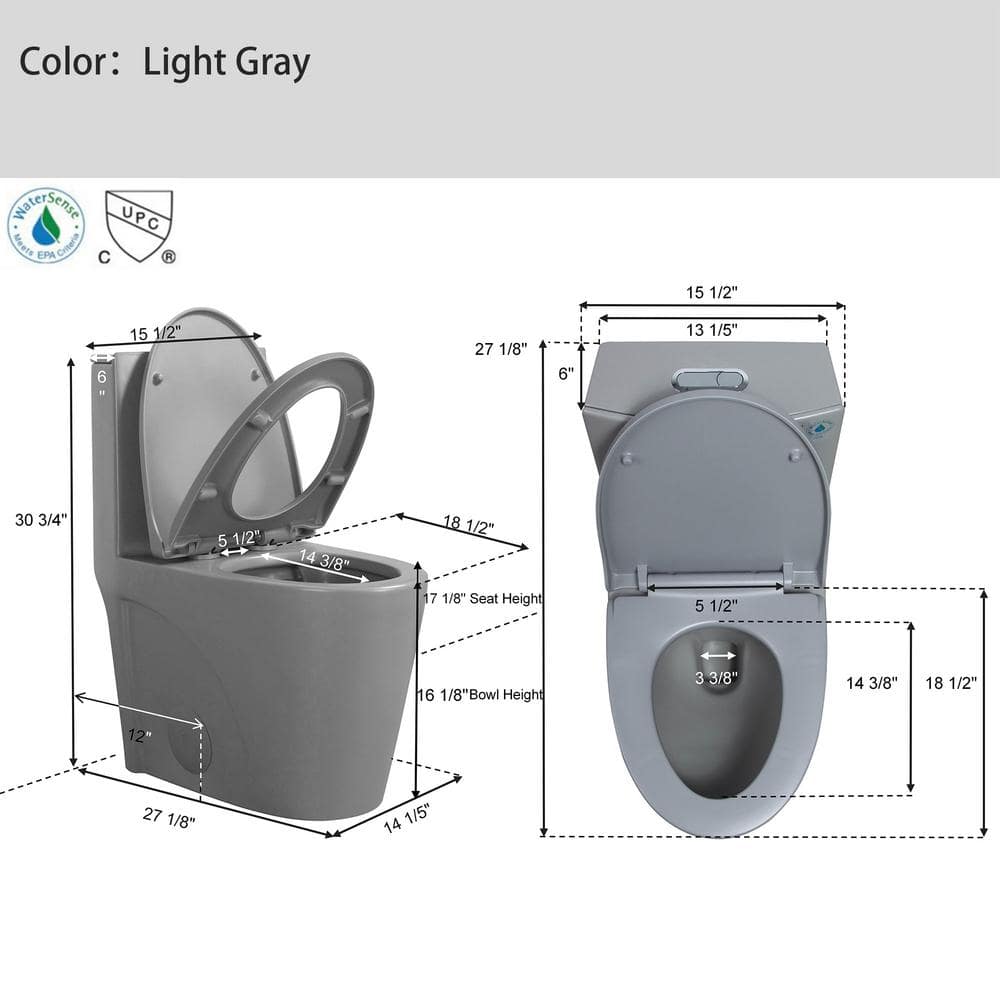 Light Gray Ceramic Dual Flush Elongated One-Piece Toilet