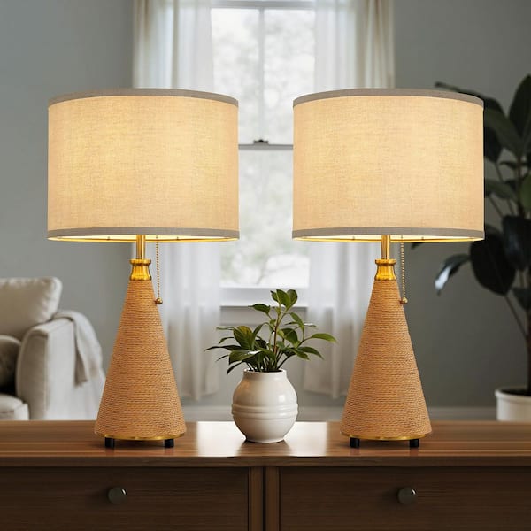 23 in. Bohemian Brown Plug-in and Flexible Table Lamp with Pull-Chain Rattan Base and Fabric Shade (Set of 2)