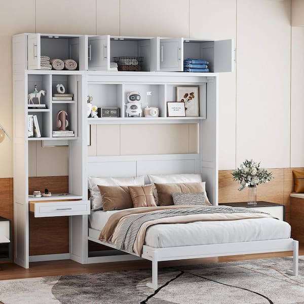 White Wood Frame Queen Size Wall Murphy Bed with Desk, Top Cabinet and Storage Shelves