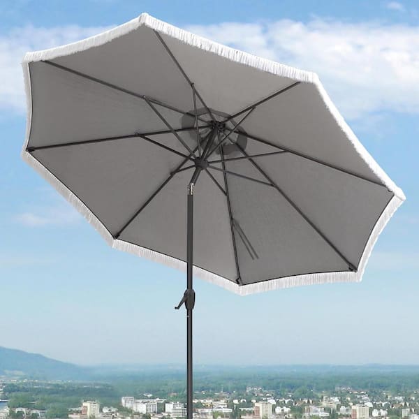 PURPLE LEAF 9 ft. Octagon Aluminum Auto-Tilt Outdoor Patio Market Umbrella with Tassel Design, Light Gray