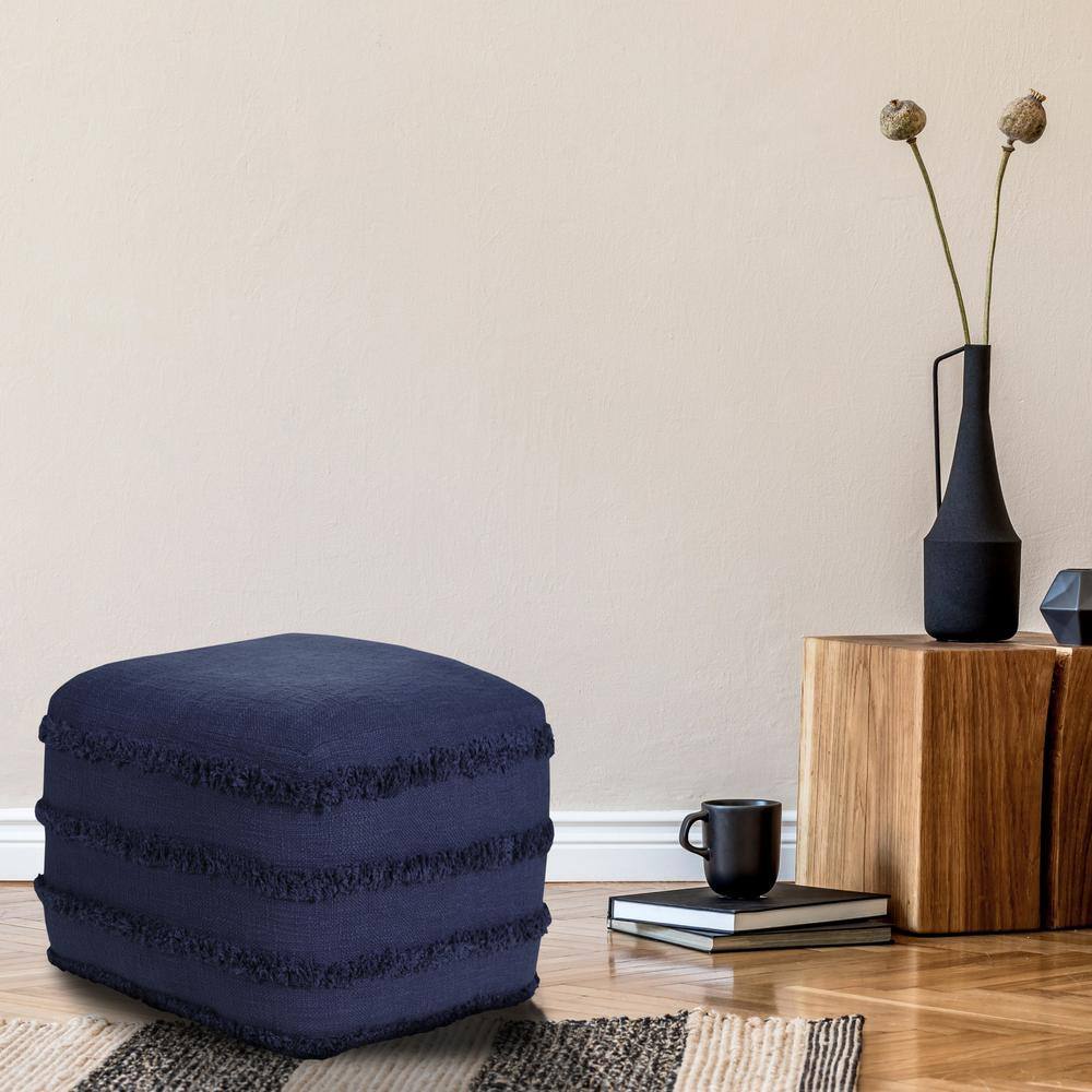Contemporary Navy Blue Cotton Tufted Pouf Ottoman