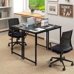 2-Piece 40 in. Rectangular Black Wood Small Computer Desk Home Office PC Workstation w/Heavy-duty Metal Frame