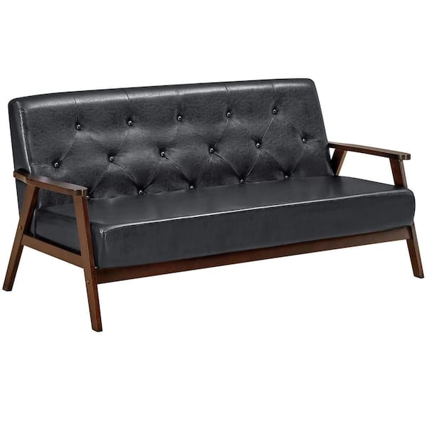 Costway 66 in. W Square Arm Black 3-Seater PU Leather Straight Sofa Couch with Rubber Wood Legs and Button Tufted