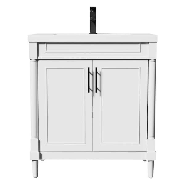 30 in. W Single Sink Freestanding White Bath Vanity with White Integrated Resin Sink Top and Drain Faucet Set