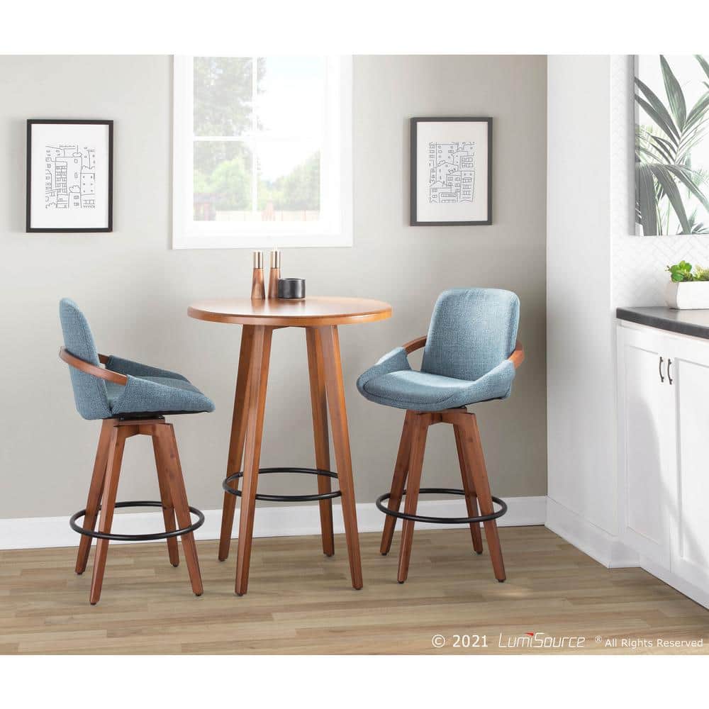 Walnut and Blue Mid-Century Modern Swivel Counter Stool