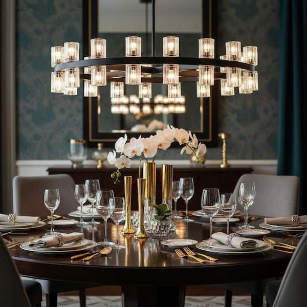 36 in. 36-Light Black Circle K9 Crystal Chandelier for Modern Living Room, Dining Room(G4 Bulbs Included)