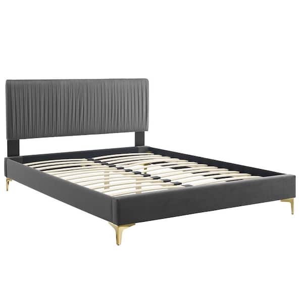 MODWAY Peyton Gray Performance Velvet Full Platform Bed in Charcoal