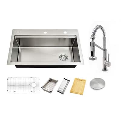 All-in-One Drop-in/Undermount Stainless Steel 33 in. Single Bowl Workstation Kitchen Sink with Faucet and Accessories