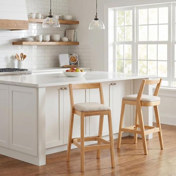 30 in. H Beige/Natural Rubber Wood Bar Stool with Fabric Seat Set of 2