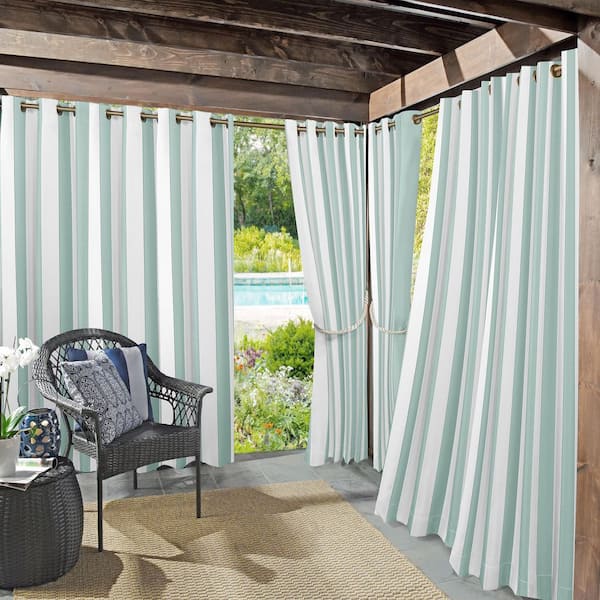 Valencia Cabana Stripe Soft Teal 108 in. L x 54 in. W Indoor/Outdoor UV Protectant Curtain Panel
