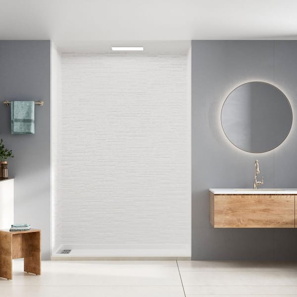36 in. W x 60 in. L x 96 in. H 4-Pieces Alcove SMC Shower Kit with Surround and Base in Rock Pattern Center Drain