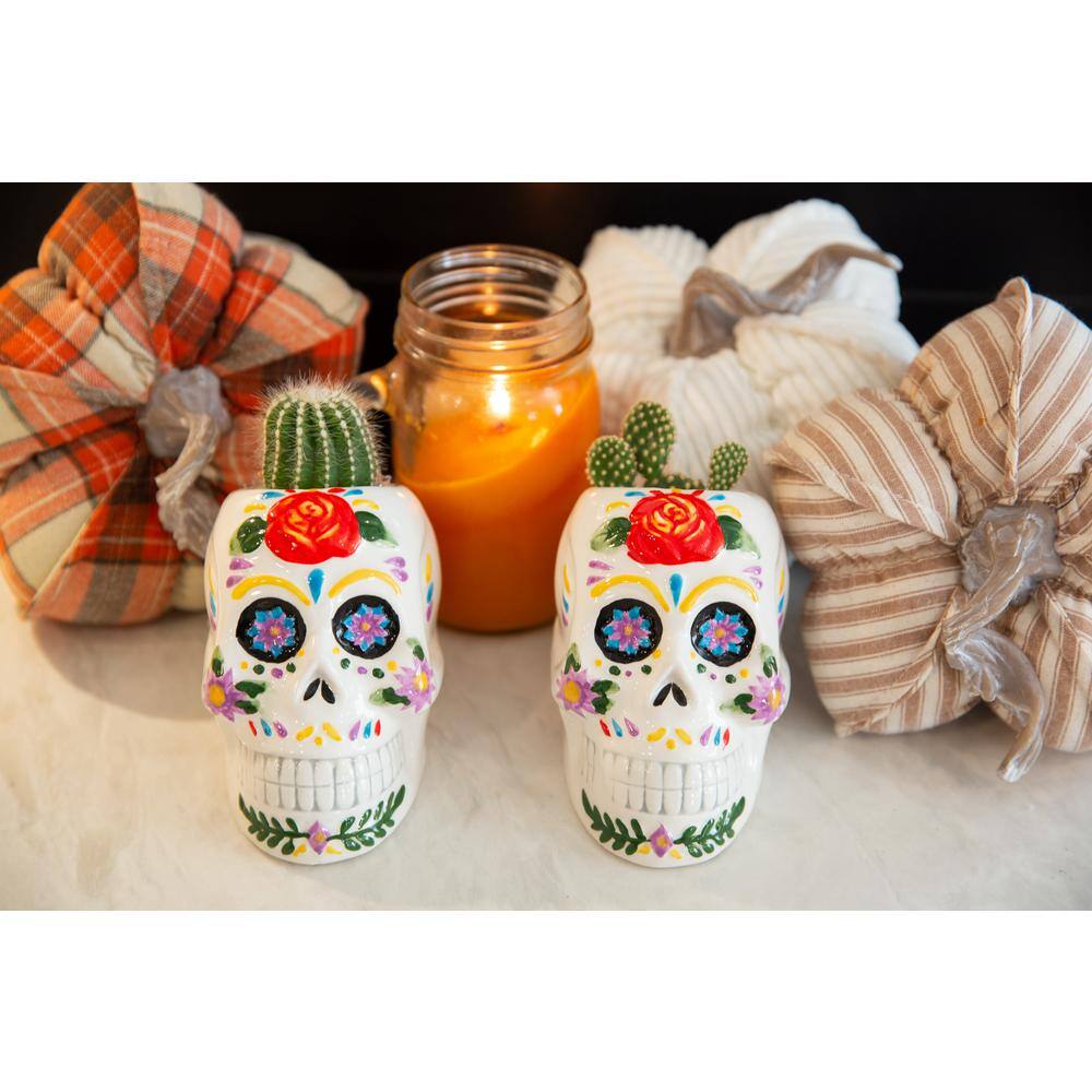 Set of 2 Multicolor Ceramic Skull Planters