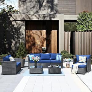 Huron Gorden Brown 9-Piece Wicker Outdoor Patio Conversation Sectional Sofa Set with Navy Blue Cushions And Table