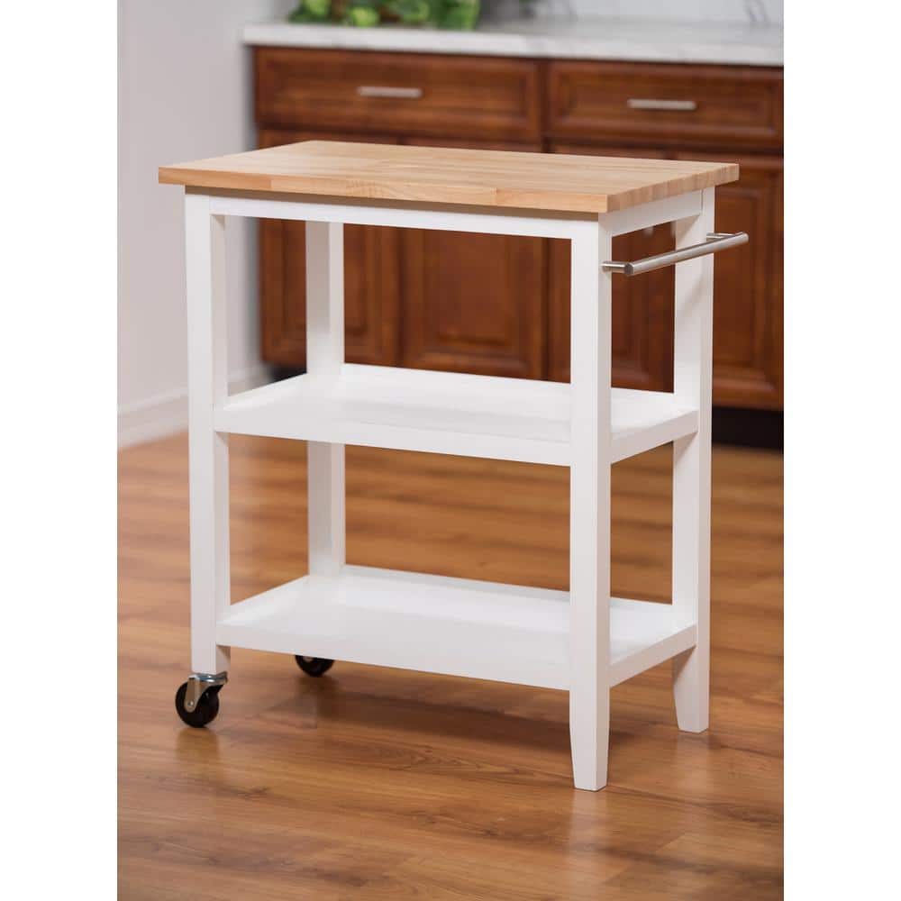White and Oak Rubberwood Kitchen Cart with Storage