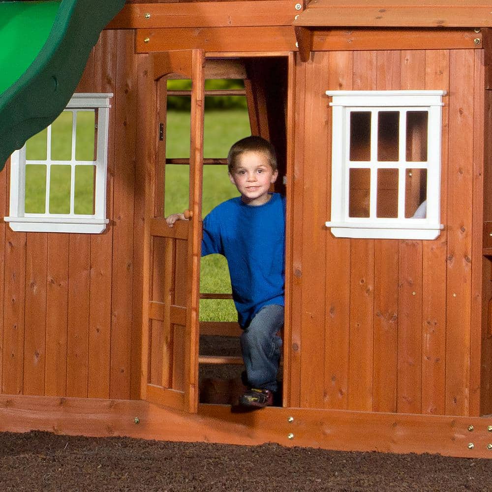 Shenandoah Cedar Wood Swing Set with Green Slide and Playhouse