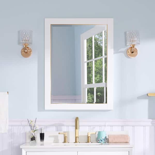 ANGELES HOME 24 in. W x 32 in. H Rectangular Solid Wood Framed Beveled Wall Bathroom Vanity Mirror in White with Gold Trim