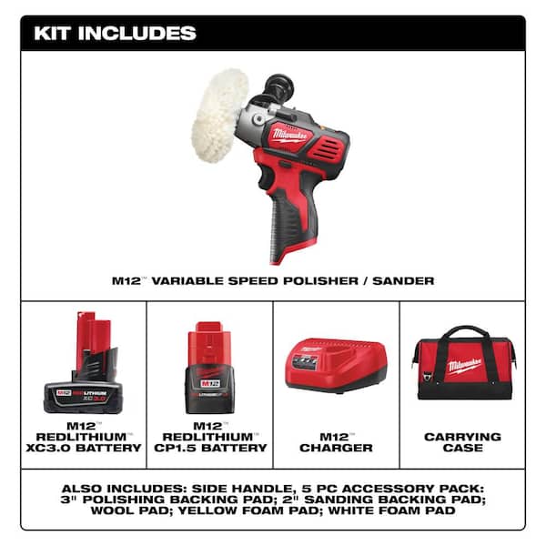 M12 12V Lithium-Ion Cordless Variable Speed Polisher/Sander Kit W/(2) M12 Batteries, Charger, Bag, & Soldering Iron