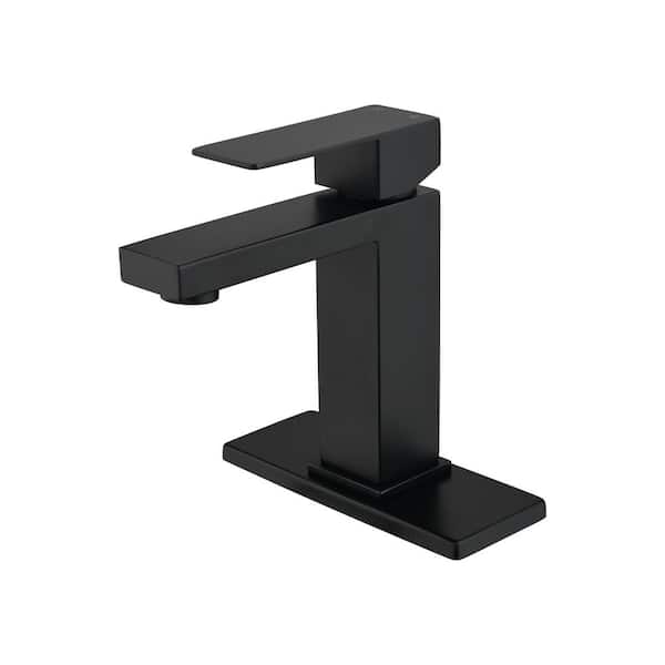 Lukvuzo Modern Single Handle Single Hole Bathroom Faucet with Deckplate Included, Hot/Cold Indicator, Stainless Steel in Black