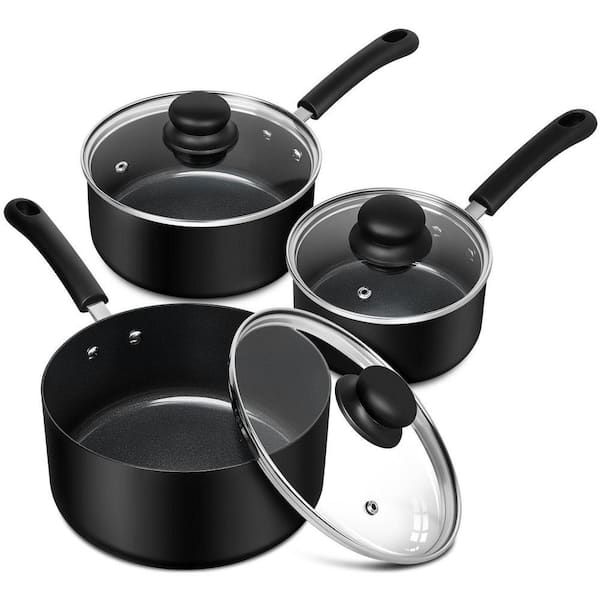 3 Piece Black Ceramic Nonstick Aluminum Saucepan Set with Glass Lid Fast Even Heating Easy Clean for All Stovetops