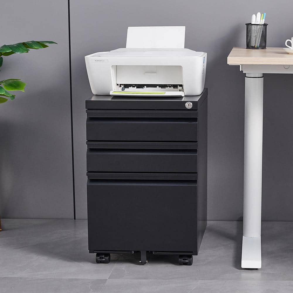 3-Drawer Black 24 in. H x 18 in. W x 15 in. D Metal Mobile File Cabinet Loc