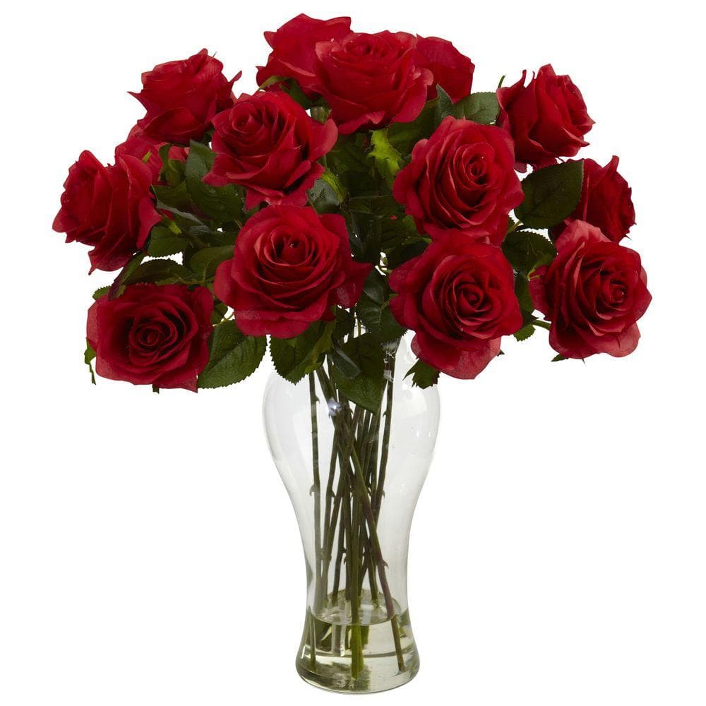 Nearly Natural 18 in. Red Blooming Roses Artificial Floral