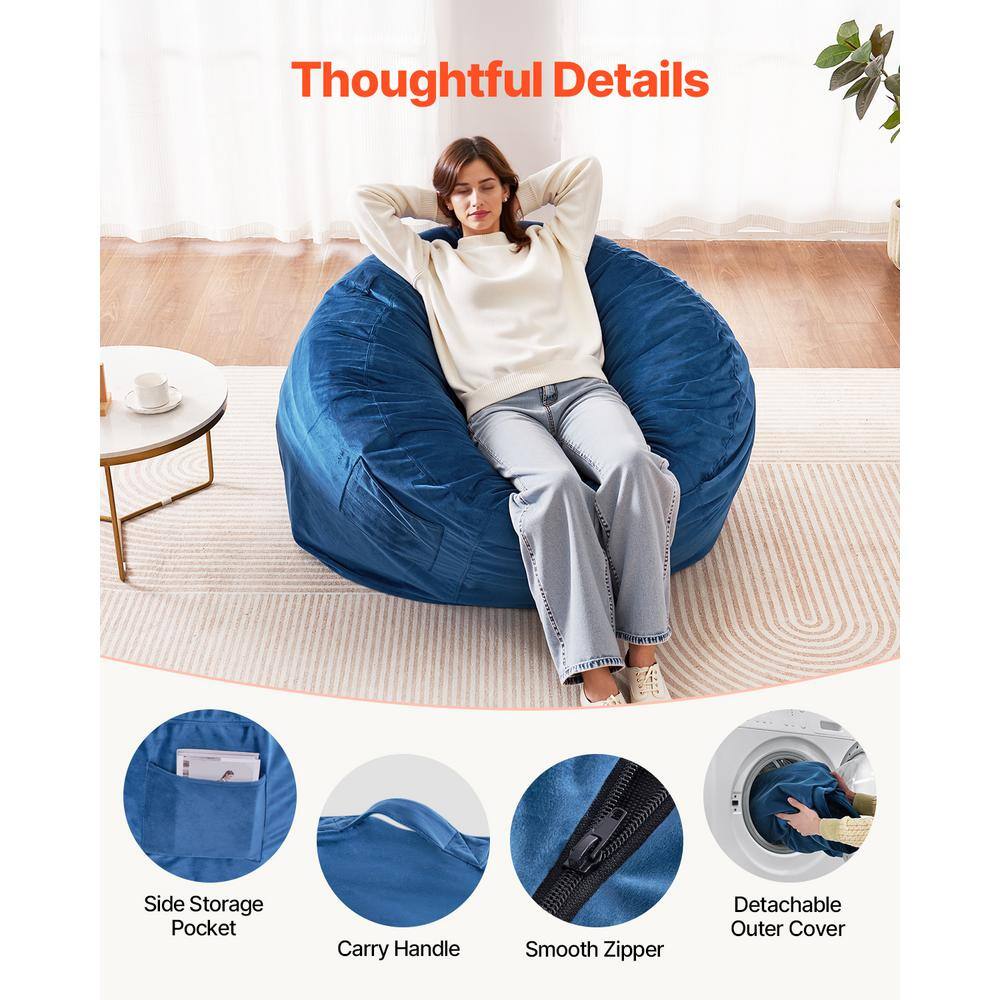 Blue Velvet Foam-Filled Armless Bean Bag Chair with Removable Cover